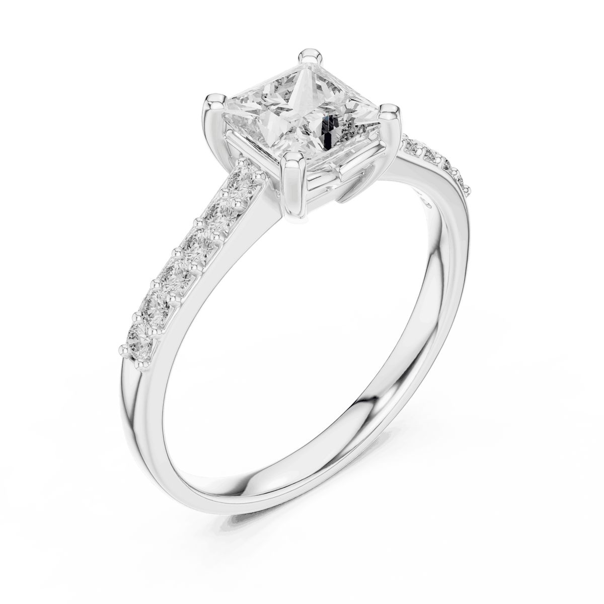 Classic pavé solitaire diamond engagement ring featuring a round-cut center stone in a four-prong setting with a sparkling pavé diamond band by Aortas Jewels.