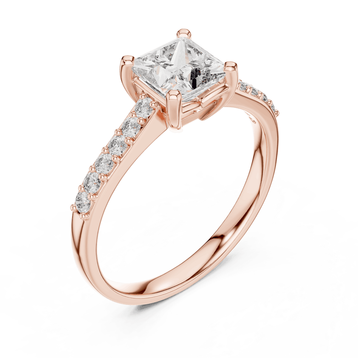 Classic pavé solitaire diamond engagement ring featuring a round-cut center stone in a four-prong setting with a sparkling pavé diamond band by Aortas Jewels.