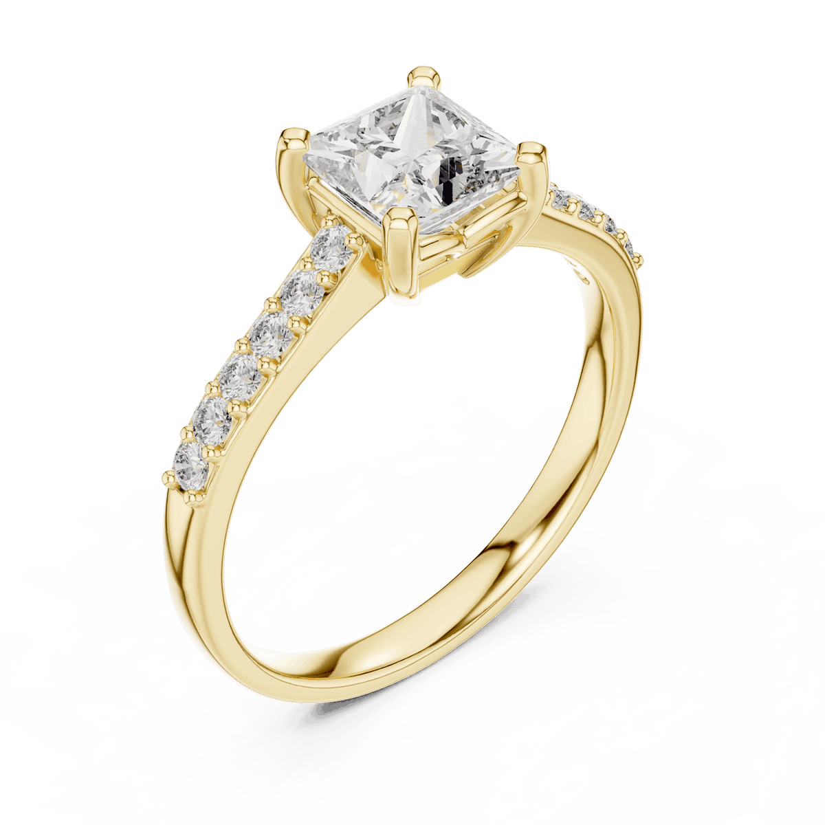 Classic pavé solitaire diamond engagement ring featuring a round-cut center stone in a four-prong setting with a sparkling pavé diamond band by Aortas Jewels.