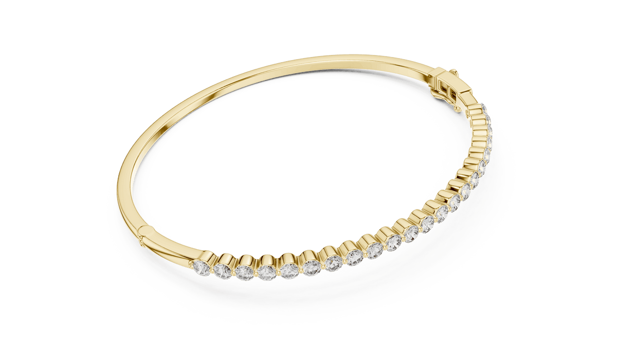 Classic round diamond hinged bangle featuring brilliant round-cut diamonds set along a polished white gold bracelet with a secure clasp by Aortas Jewels.
