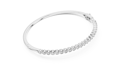 Classic round diamond hinged bangle featuring brilliant round-cut diamonds set along a polished white gold bracelet with a secure clasp by Aortas Jewels.