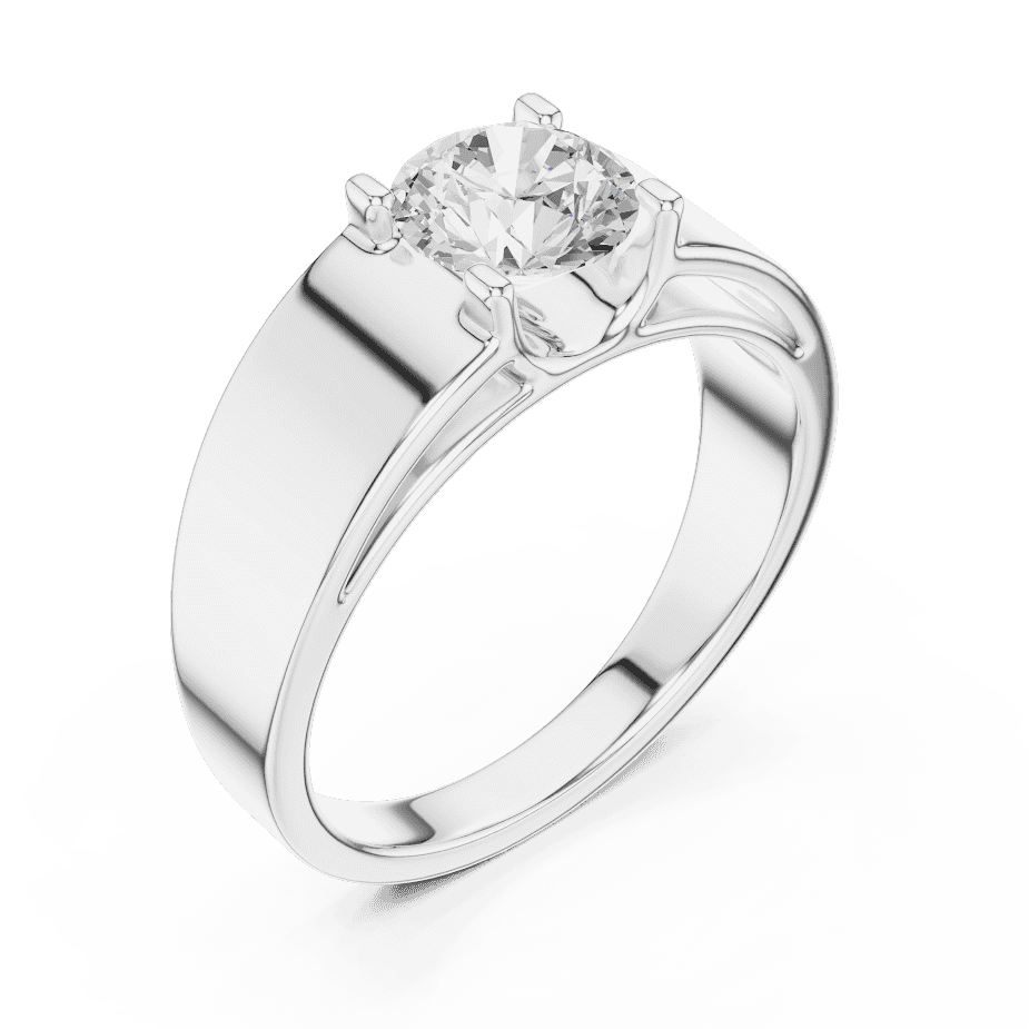 Classic solitaire diamond engagement ring featuring a brilliant round-cut stone in a four-prong setting with a sleek polished band by Aortas Jewels.