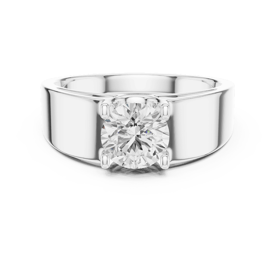 Classic solitaire diamond engagement ring featuring a brilliant round-cut stone in a four-prong setting with a sleek polished band by Aortas Jewels.