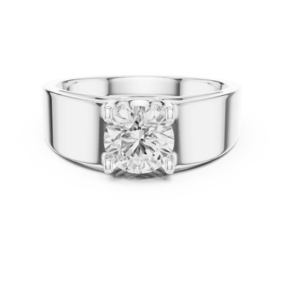 Classic solitaire diamond engagement ring featuring a brilliant round-cut stone in a four-prong setting with a sleek polished band by Aortas Jewels.