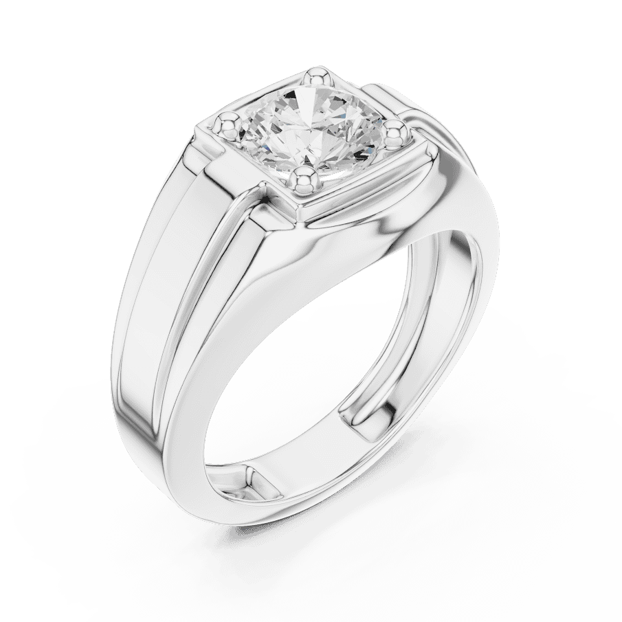 Classic solitaire diamond engagement ring featuring a brilliant round center stone in a four-prong setting with a polished band by Aortas Jewels.