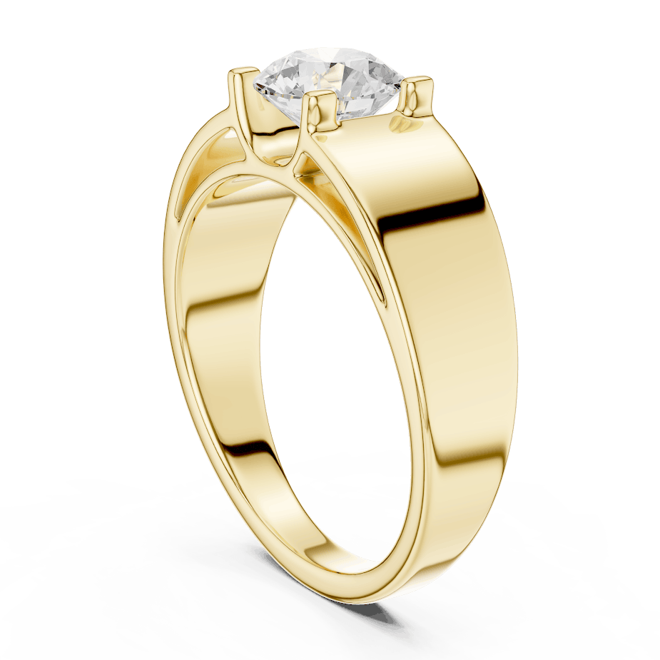Classic solitaire diamond engagement ring featuring a brilliant round-cut stone in a four-prong setting with a sleek polished band by Aortas Jewels.