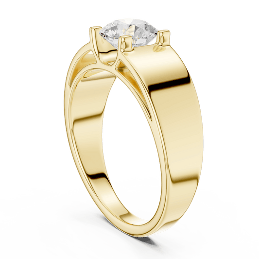 Classic solitaire diamond engagement ring featuring a brilliant round-cut stone in a four-prong setting with a sleek polished band by Aortas Jewels.