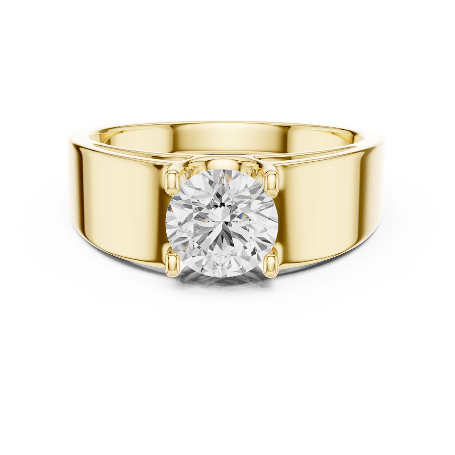Classic solitaire diamond engagement ring featuring a brilliant round-cut stone in a four-prong setting with a sleek polished band by Aortas Jewels.