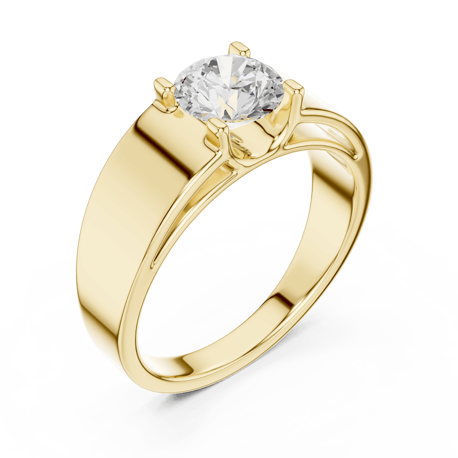 Classic solitaire diamond engagement ring featuring a brilliant round-cut stone in a four-prong setting with a sleek polished band by Aortas Jewels.
