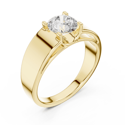 Classic solitaire diamond engagement ring featuring a brilliant round-cut stone in a four-prong setting with a sleek polished band by Aortas Jewels.
