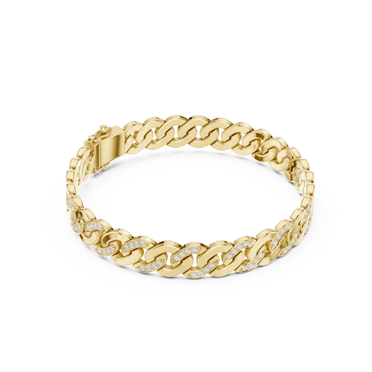 Diamond Cuban link chain bracelet featuring polished interlocking links with sparkling stone accents and a secure box clasp by Aortas Jewels.