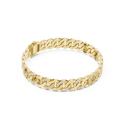Diamond Cuban link chain bracelet featuring polished interlocking links with sparkling stone accents and a secure box clasp by Aortas Jewels.