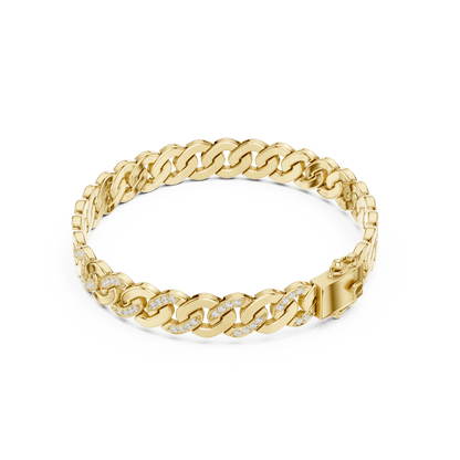 Diamond Cuban link chain bracelet featuring polished interlocking links with sparkling stone accents and a secure box clasp by Aortas Jewels.