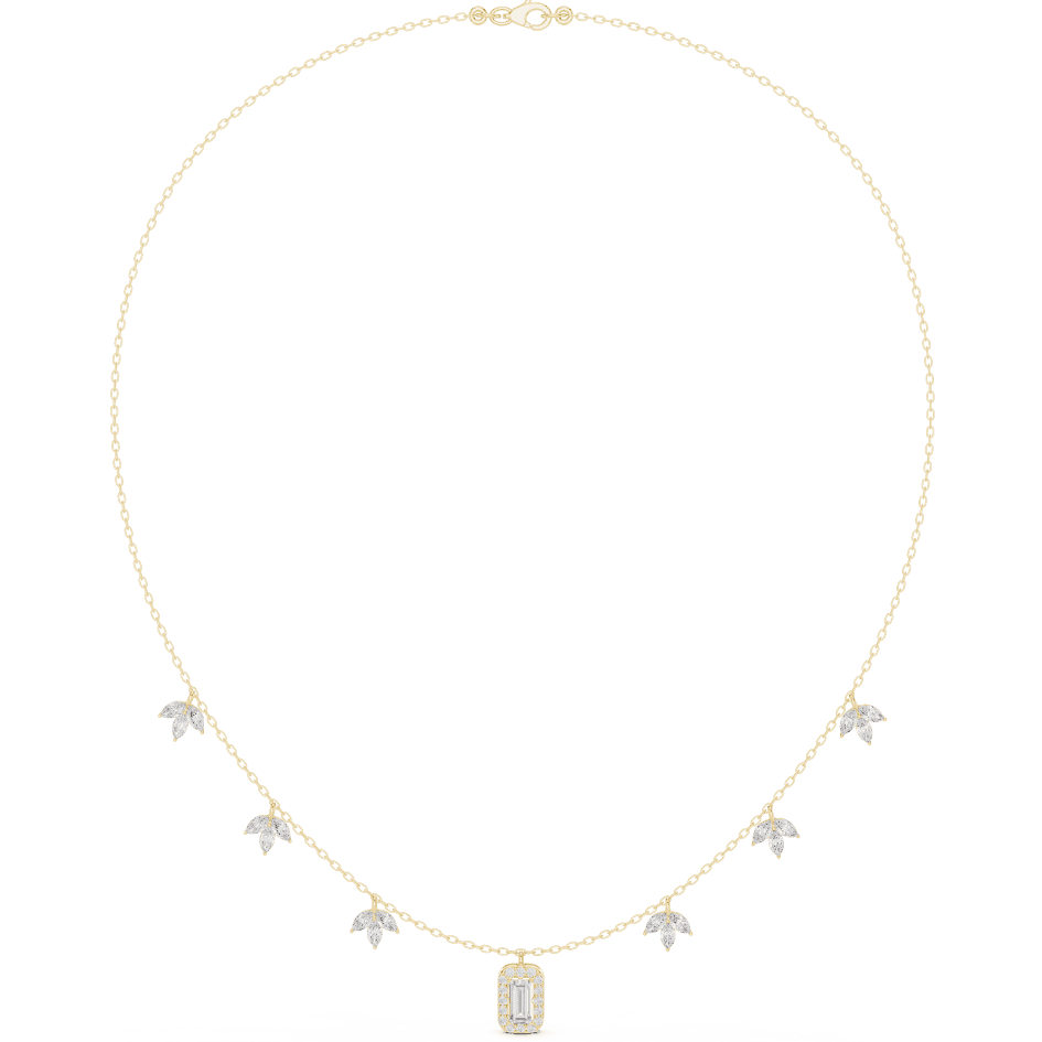 Emerald-cut diamond charm necklace featuring a delicate chain with sparkling station accents and a modern centerpiece by Aortas Jewels.
