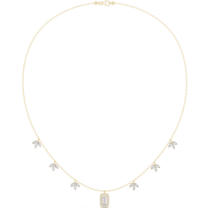Emerald-cut diamond charm necklace featuring a delicate chain with sparkling station accents and a modern centerpiece by Aortas Jewels.