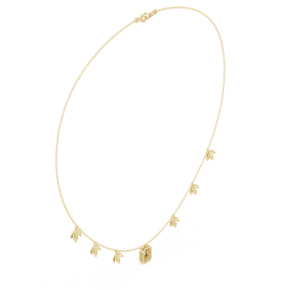 Emerald-cut diamond charm necklace featuring a delicate chain with sparkling station accents and a modern centerpiece by Aortas Jewels.