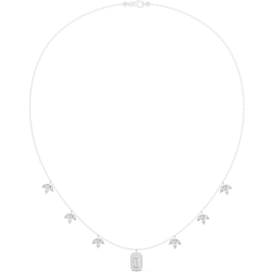Emerald-cut diamond charm necklace featuring a delicate chain with sparkling station accents and a modern centerpiece by Aortas Jewels.
