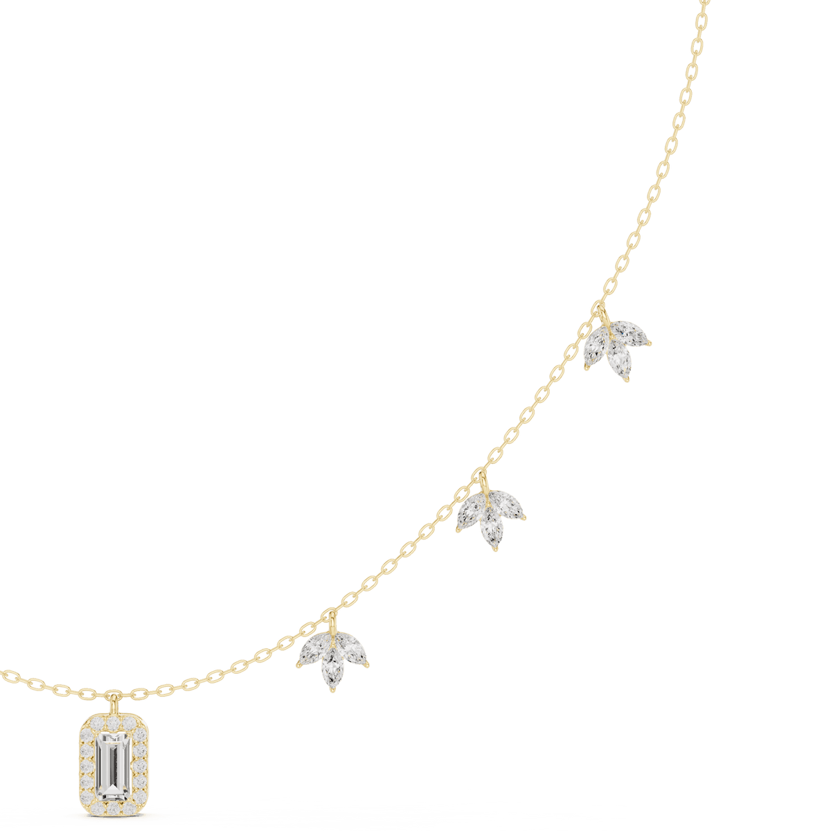 Emerald-cut diamond charm necklace featuring a delicate chain with sparkling station accents and a modern centerpiece by Aortas Jewels.