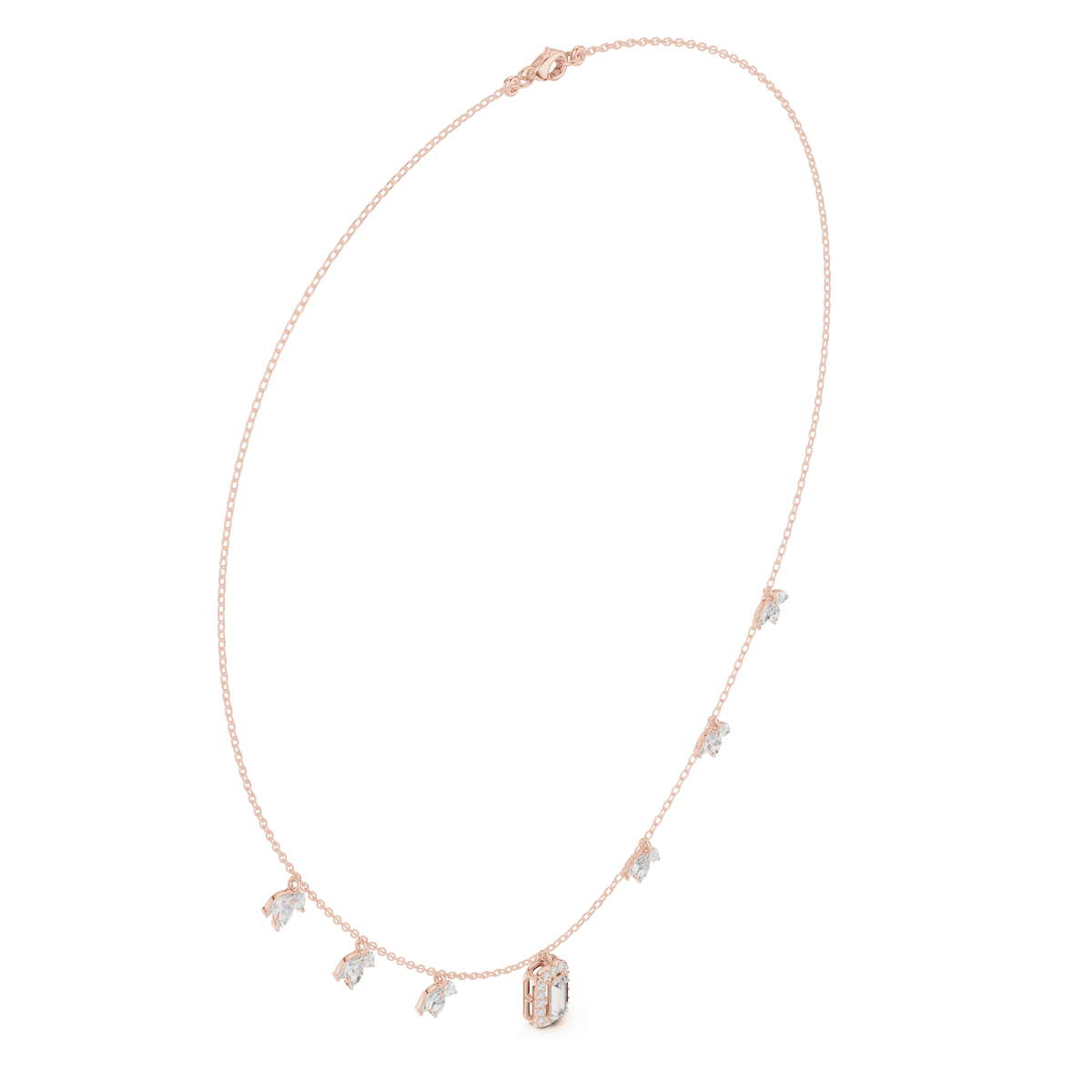 Emerald-cut diamond charm necklace featuring a delicate chain with sparkling station accents and a modern centerpiece by Aortas Jewels.