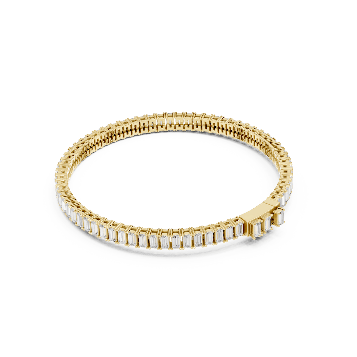 Emerald-cut diamond tennis bracelet featuring a continuous row of sparkling rectangular stones with a secure box clasp by Aortas Jewels.