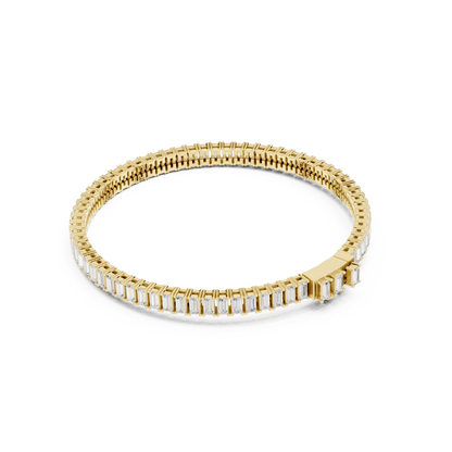 Emerald-cut diamond tennis bracelet featuring a continuous row of sparkling rectangular stones with a secure box clasp by Aortas Jewels.