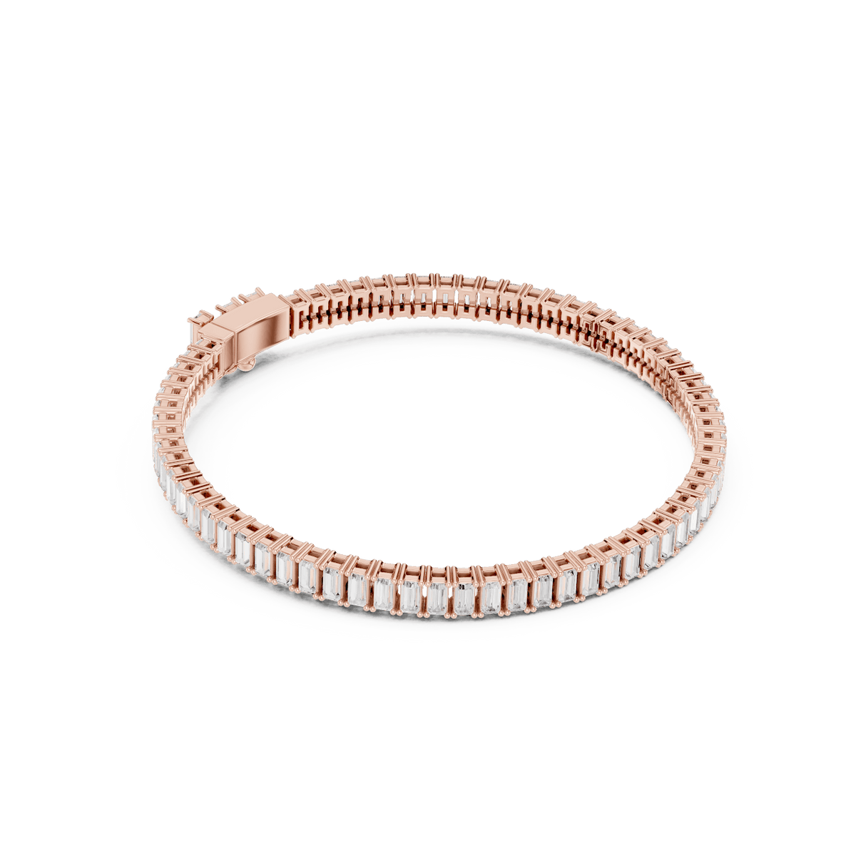 Emerald-cut diamond tennis bracelet featuring a continuous row of sparkling rectangular stones with a secure box clasp by Aortas Jewels.