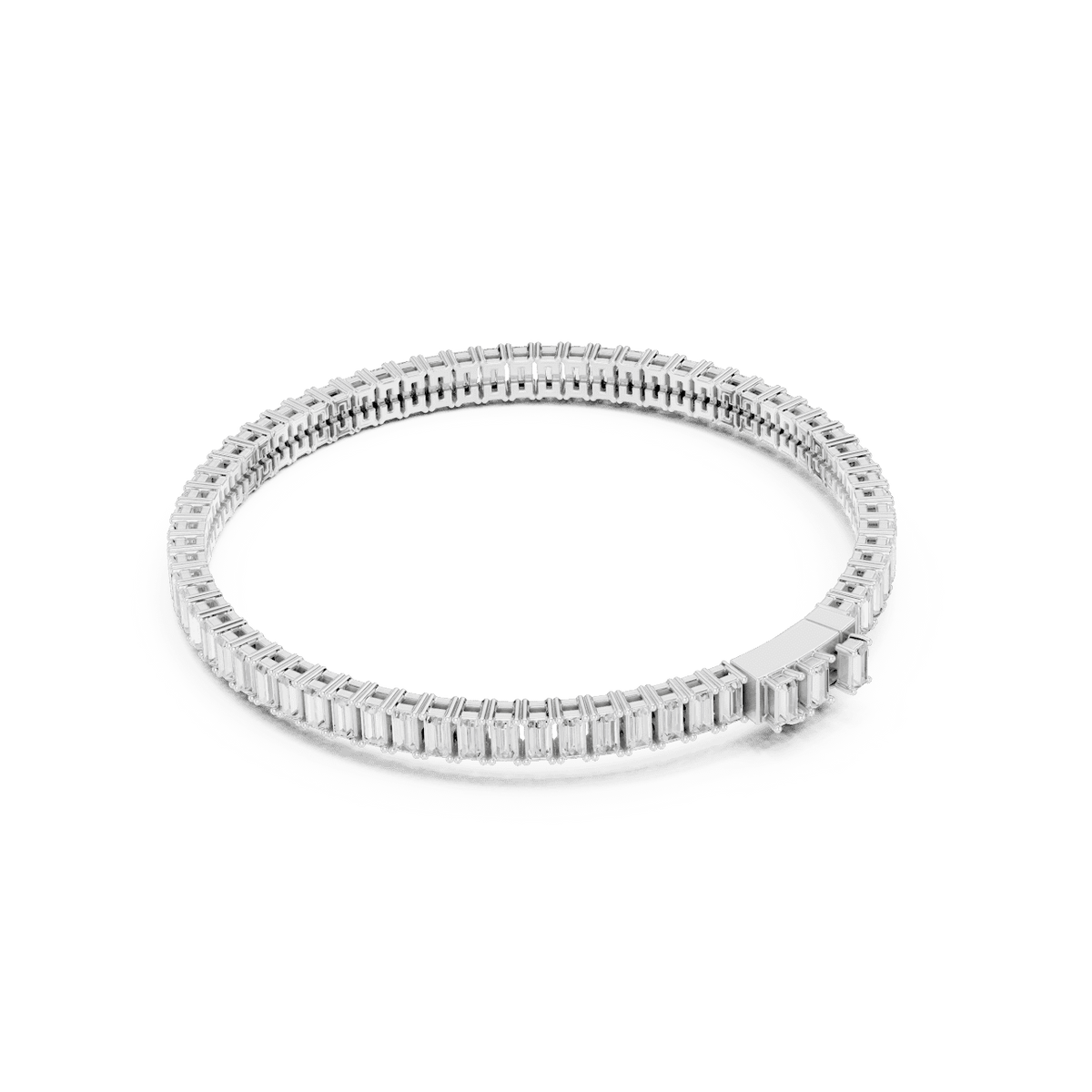 Emerald-cut diamond tennis bracelet featuring a continuous row of sparkling rectangular stones with a secure box clasp by Aortas Jewels.