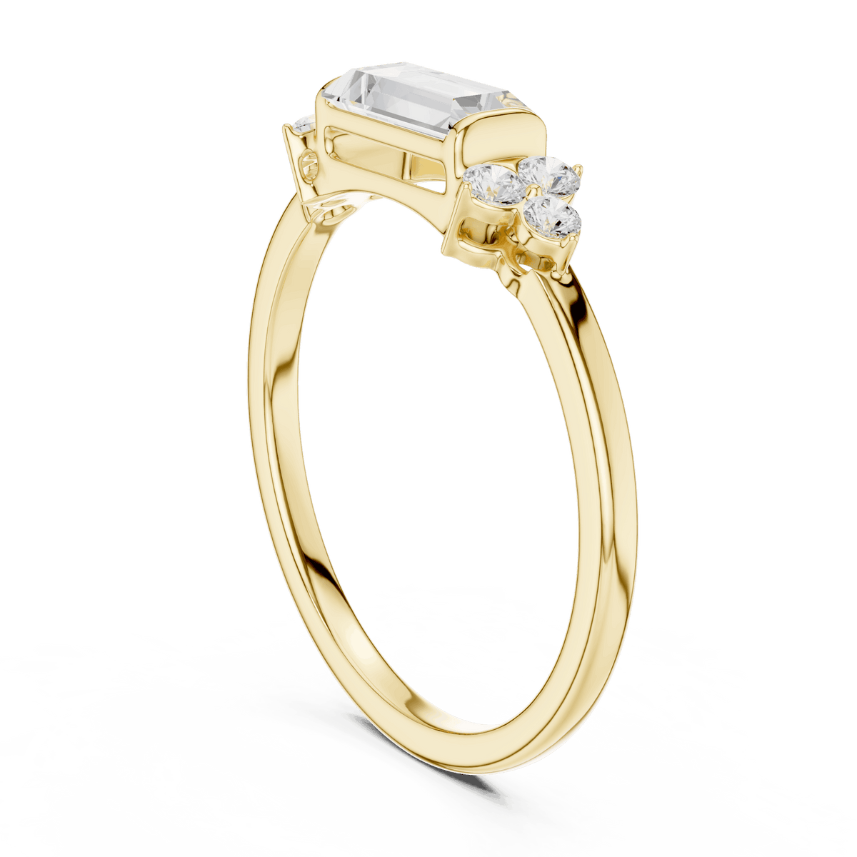 Emerald Cut Diamond Three-Stone Engagement Ring featuring an emerald-cut center stone with round diamond side accents on a polished band by Aortas Jewels.