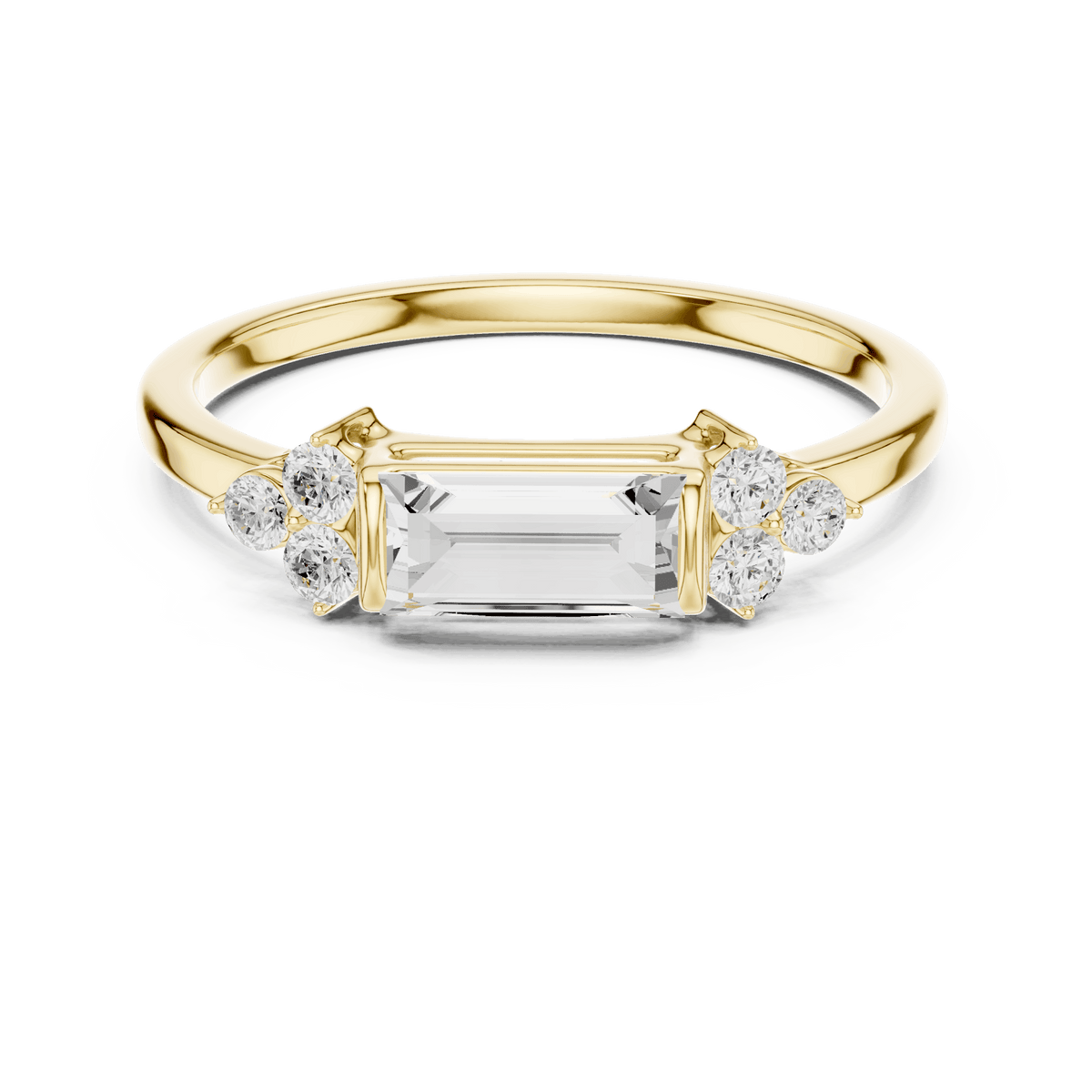 Emerald Cut Diamond Three-Stone Engagement Ring featuring an emerald-cut center stone with round diamond side accents on a polished band by Aortas Jewels.