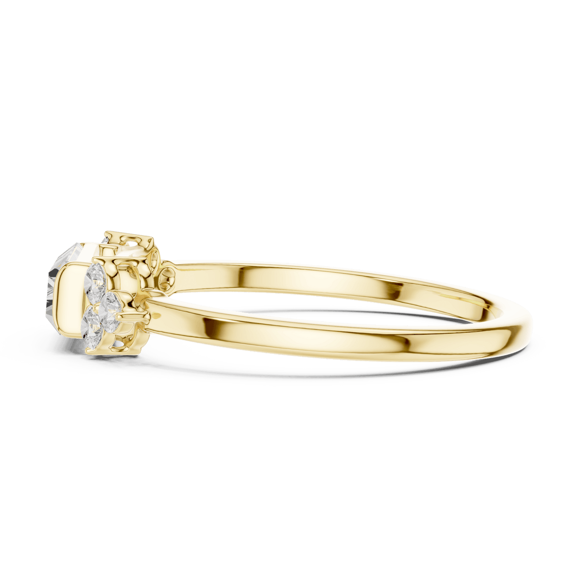 Emerald Cut Diamond Three-Stone Engagement Ring featuring an emerald-cut center stone with round diamond side accents on a polished band by Aortas Jewels.