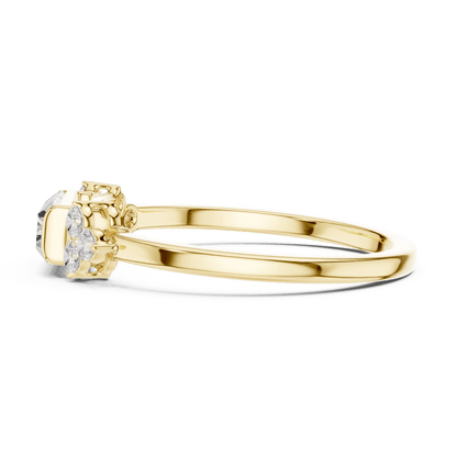 Emerald Cut Diamond Three-Stone Engagement Ring featuring an emerald-cut center stone with round diamond side accents on a polished band by Aortas Jewels.