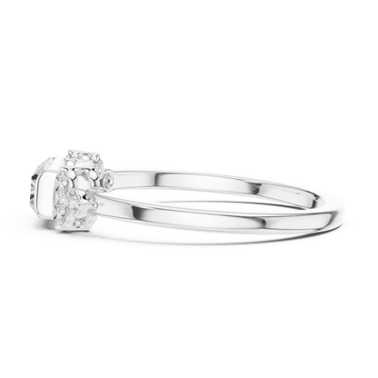 Emerald Cut Diamond Three-Stone Engagement Ring featuring an emerald-cut center stone with round diamond side accents on a polished band by Aortas Jewels.