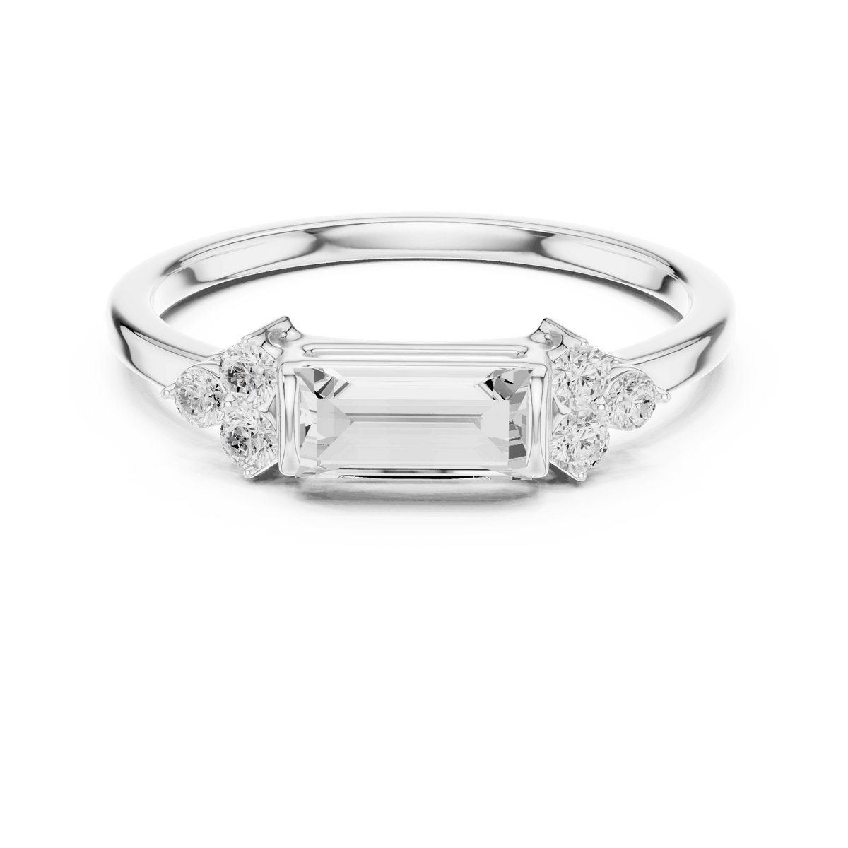 Emerald Cut Diamond Three-Stone Engagement Ring featuring an emerald-cut center stone with round diamond side accents on a polished band by Aortas Jewels.