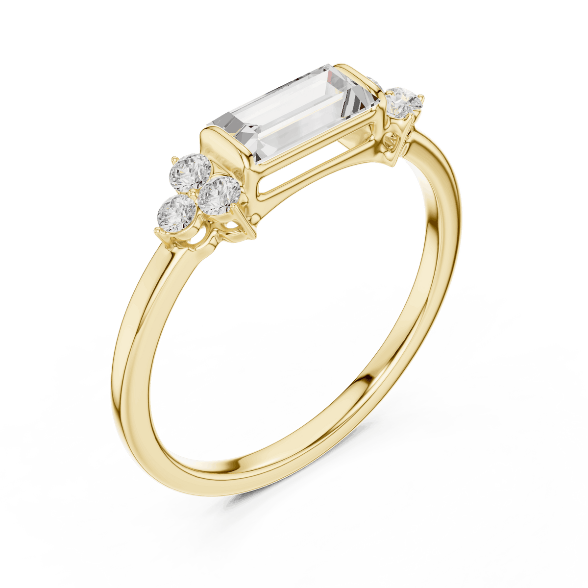 Emerald Cut Diamond Three-Stone Engagement Ring featuring an emerald-cut center stone with round diamond side accents on a polished band by Aortas Jewels.