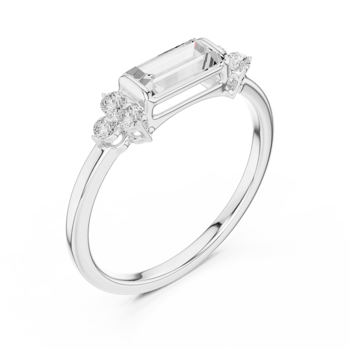 Emerald Cut Diamond Three-Stone Engagement Ring featuring an emerald-cut center stone with round diamond side accents on a polished band by Aortas Jewels.
