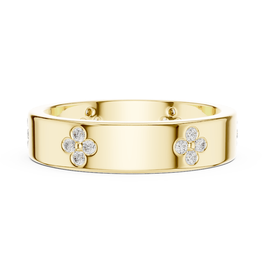 Floral Diamond Comfort Fit Wedding Band featuring delicate round diamond flower clusters on a wide polished band by Aortas Jewels.