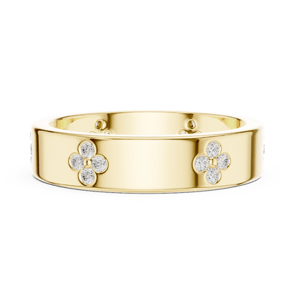 Floral Diamond Comfort Fit Wedding Band featuring delicate round diamond flower clusters on a wide polished band by Aortas Jewels.