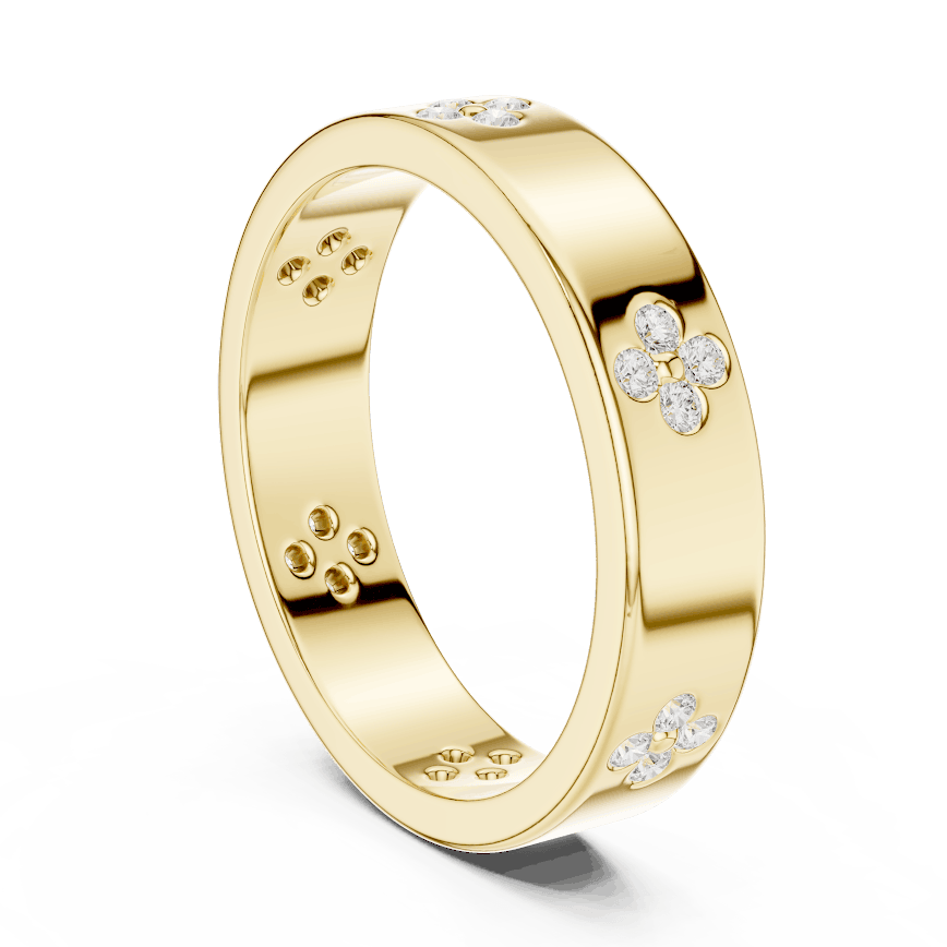Floral Diamond Comfort Fit Wedding Band featuring delicate round diamond flower clusters on a wide polished band by Aortas Jewels.