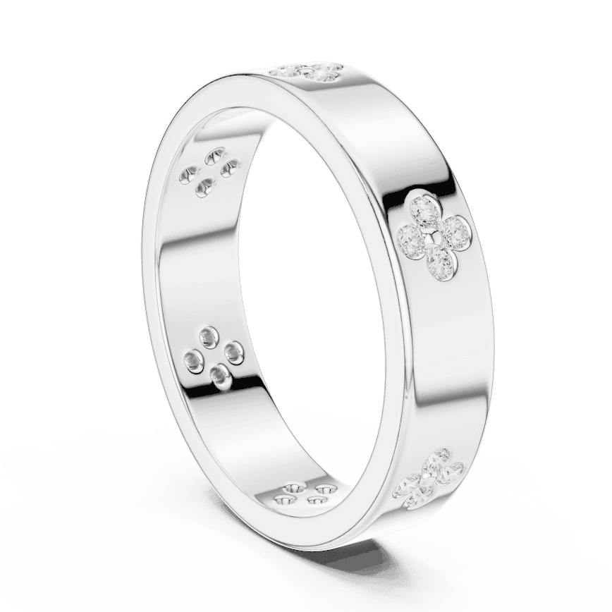 Floral Diamond Comfort Fit Wedding Band featuring delicate round diamond flower clusters on a wide polished band by Aortas Jewels.