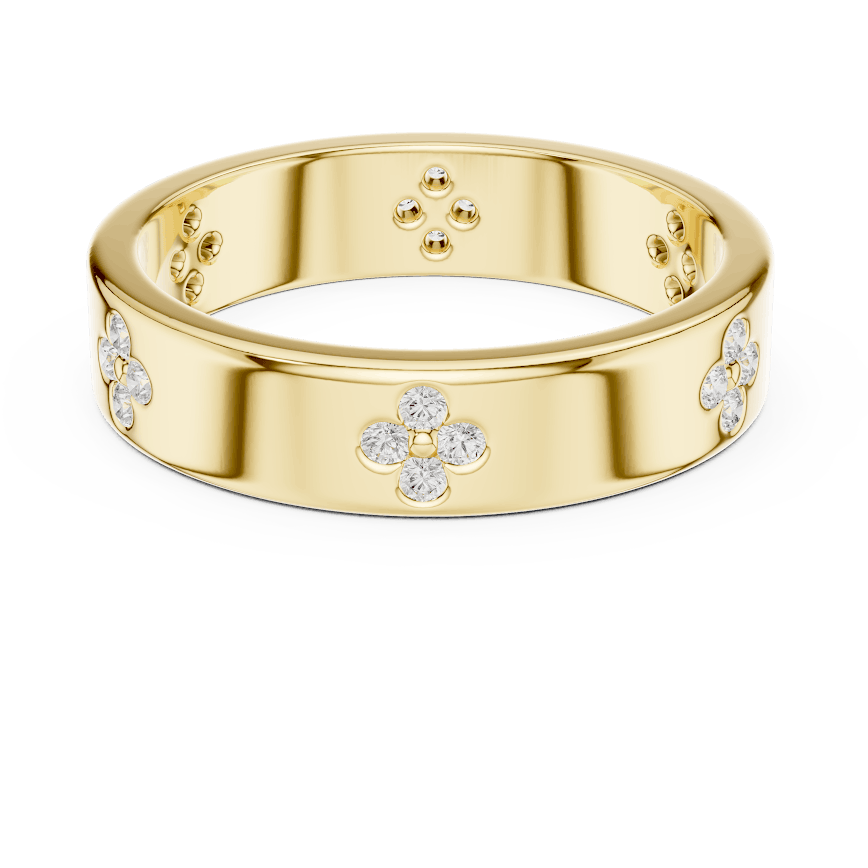 Floral Diamond Comfort Fit Wedding Band featuring delicate round diamond flower clusters on a wide polished band by Aortas Jewels.