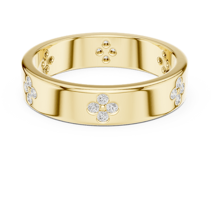 Floral Diamond Comfort Fit Wedding Band featuring delicate round diamond flower clusters on a wide polished band by Aortas Jewels.