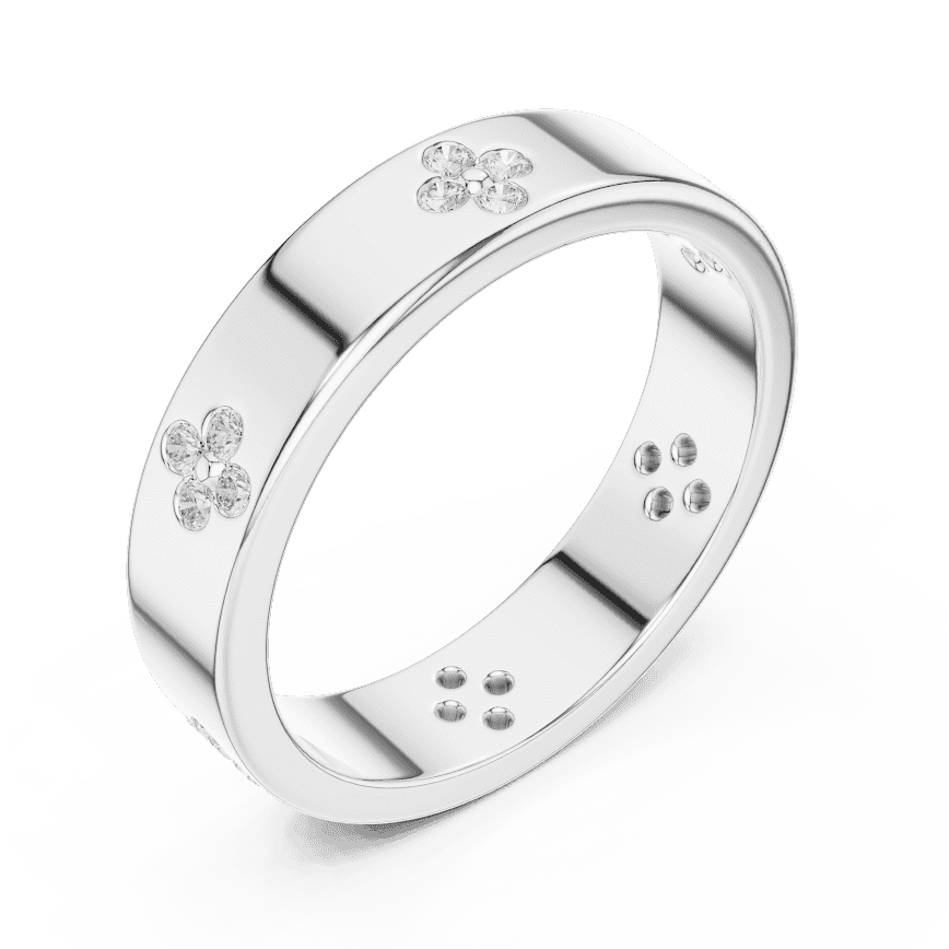 Floral Diamond Comfort Fit Wedding Band featuring delicate round diamond flower clusters on a wide polished band by Aortas Jewels.