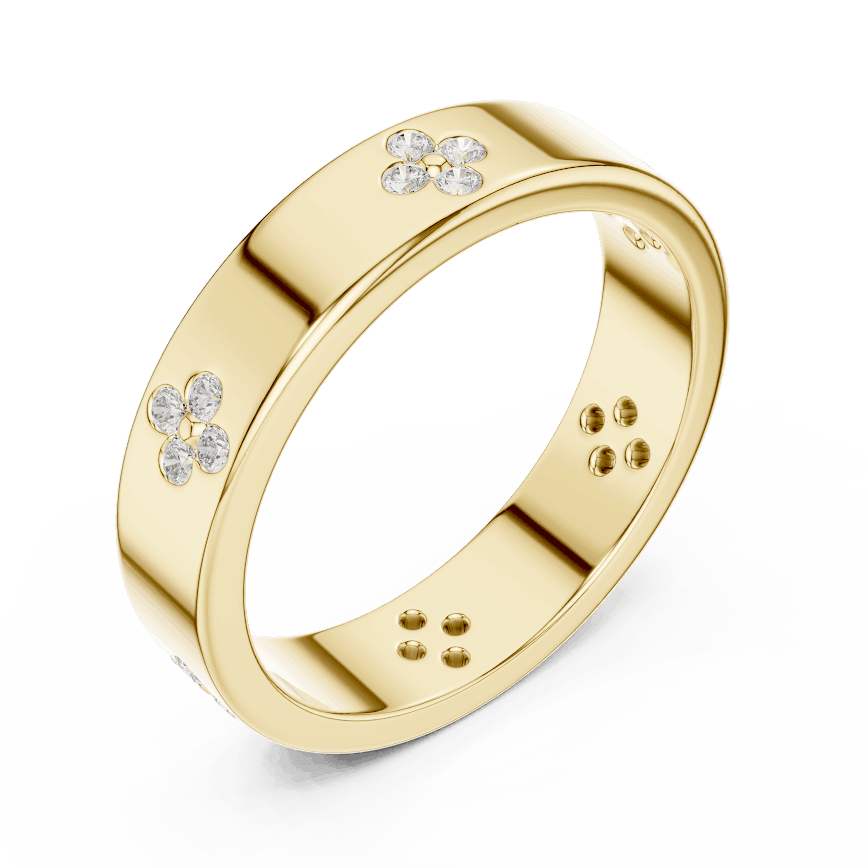Floral Diamond Comfort Fit Wedding Band featuring delicate round diamond flower clusters on a wide polished band by Aortas Jewels.
