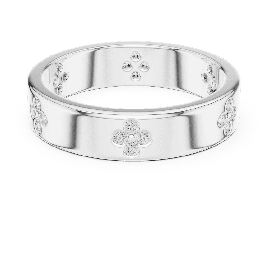 Floral Diamond Comfort Fit Wedding Band featuring delicate round diamond flower clusters on a wide polished band by Aortas Jewels.