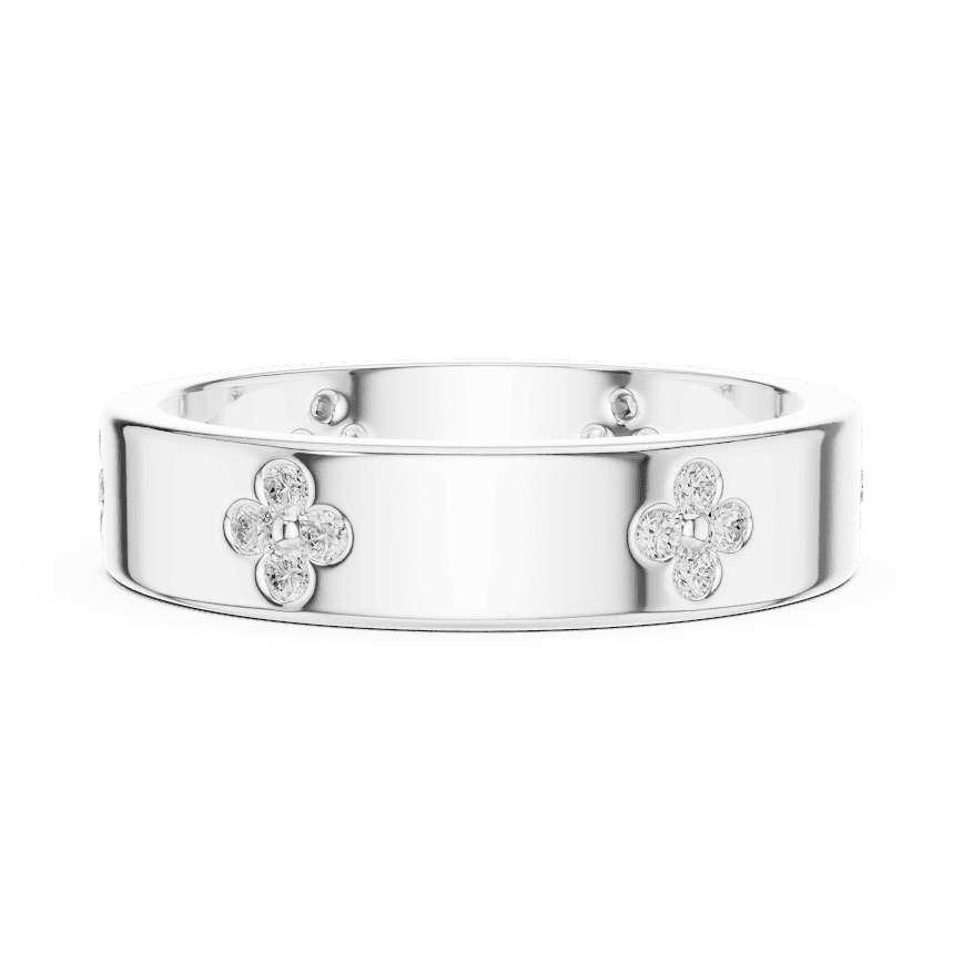 Floral Diamond Comfort Fit Wedding Band featuring delicate round diamond flower clusters on a wide polished band by Aortas Jewels.