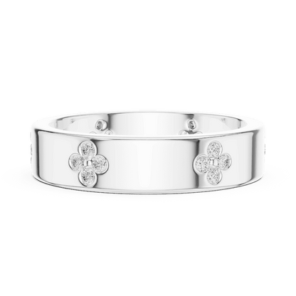 Floral Diamond Comfort Fit Wedding Band featuring delicate round diamond flower clusters on a wide polished band by Aortas Jewels.