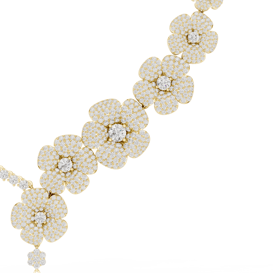 Floral diamond statement necklace featuring sparkling flower motifs and an elegant drop centerpiece by Aortas Jewels.