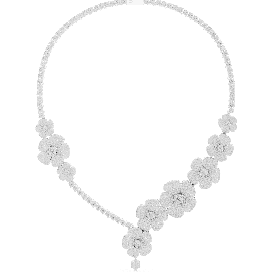 Floral diamond statement necklace featuring sparkling flower motifs and an elegant drop centerpiece by Aortas Jewels.