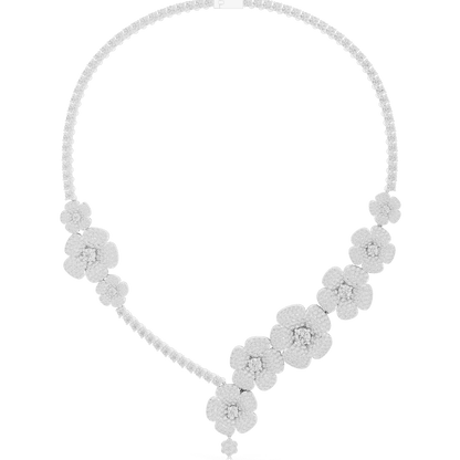 Floral diamond statement necklace featuring sparkling flower motifs and an elegant drop centerpiece by Aortas Jewels.