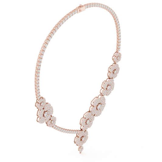 Floral diamond statement necklace featuring sparkling flower motifs and an elegant drop centerpiece by Aortas Jewels.